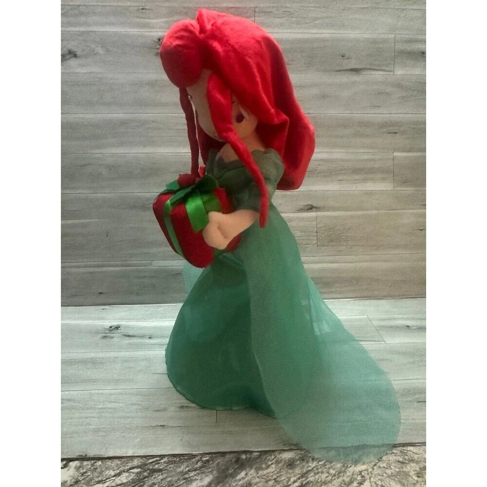 Disney  Ariel Plush Doll with Red Hair & Green Dress Holding Red Gift